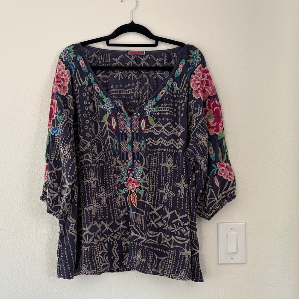 Johnny Was Dark Blue Floral Embroidered Top